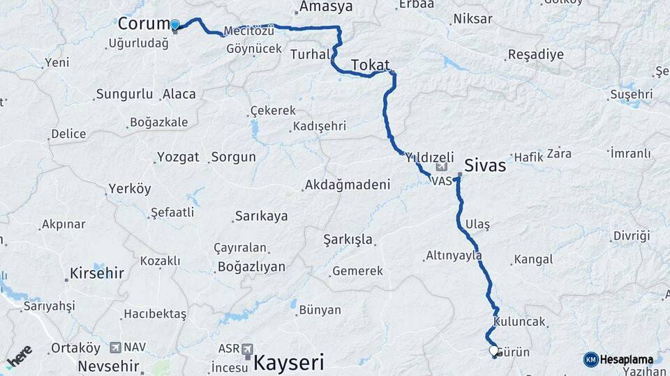 Çorum Gürün Sivas Arası Kaç Km - Yol Haritası