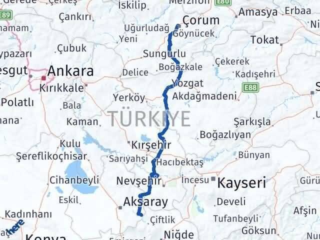 Çorum Güzelyurt Aksaray Arası Kaç Km - Yol Haritası