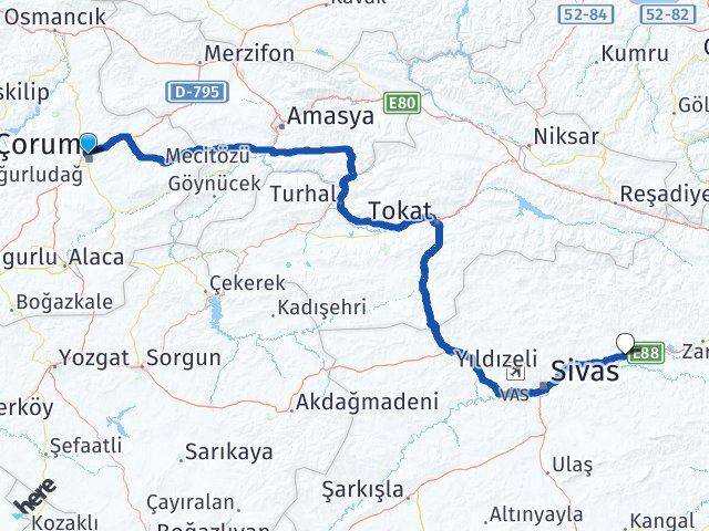 Çorum Hafik Sivas Arası Kaç Km - Yol Haritası