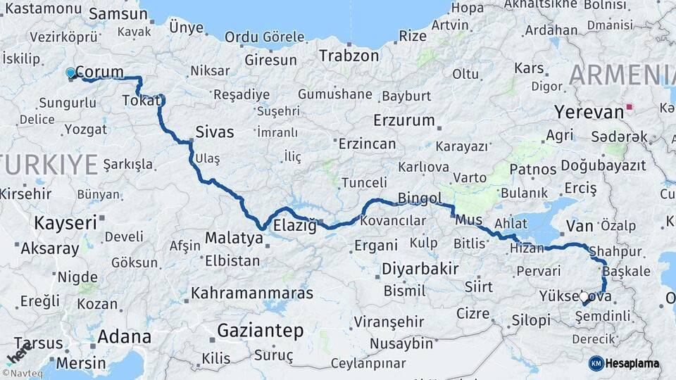 Çorum Hakkari Arası Kaç Km - Yol Haritası