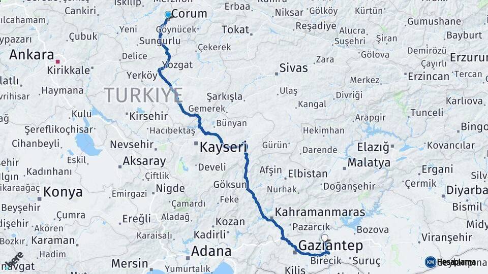 Çorum Halfeti Şanlıurfa Arası Kaç Km - Yol Haritası