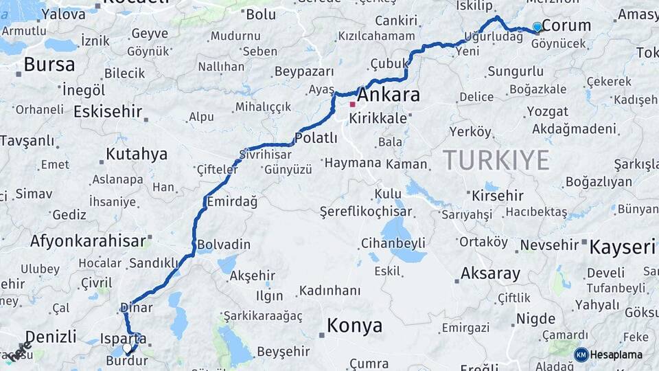 Çorum Hamamlıçay Arası Kaç Km - Yol Haritası