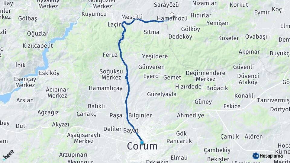 Çorum Hamamözü Amasya Arası Kaç Km - Yol Haritası