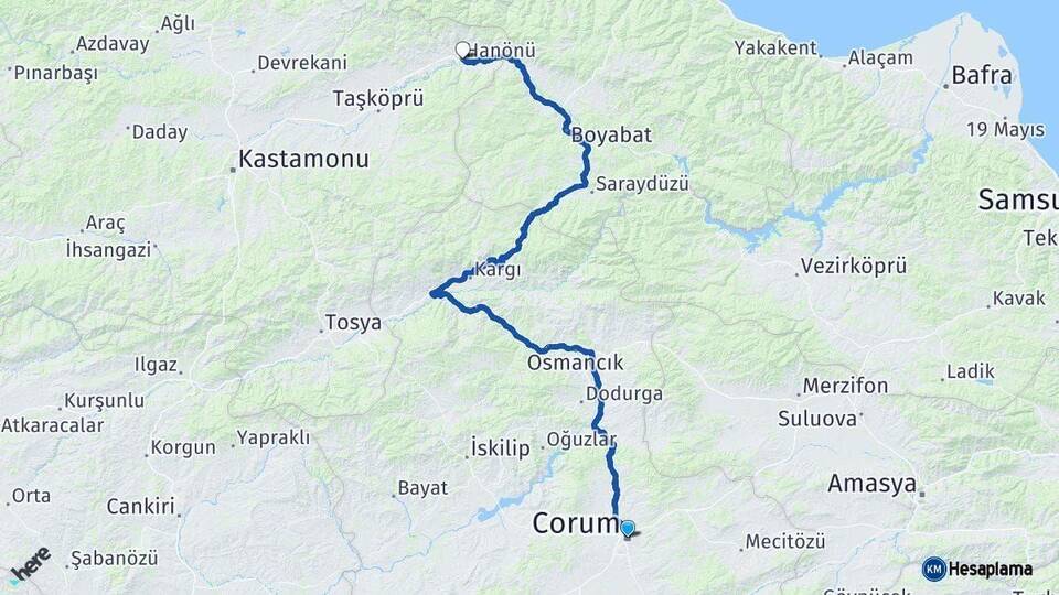 Çorum Hanönü Kastamonu Arası Kaç Km - Yol Haritası