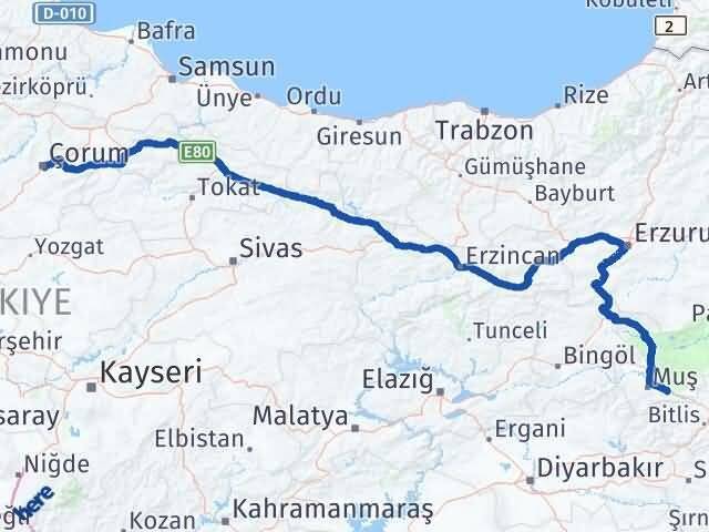 Çorum Hasköy Muş Arası Kaç Km - Yol Haritası