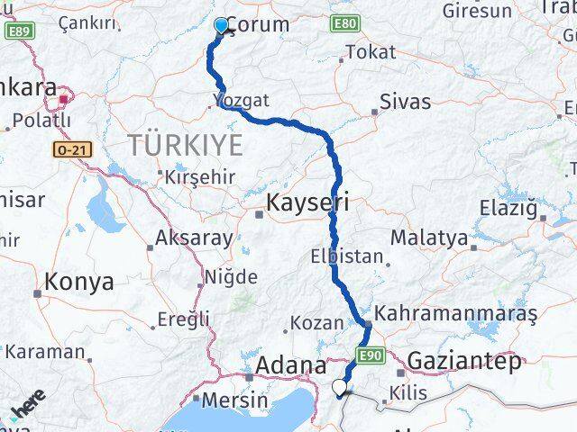 Çorum Hassa Hatay Arası Kaç Km - Yol Haritası