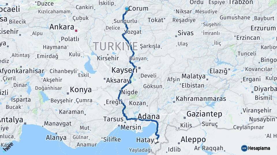 Çorum Hatay Arası Kaç Km - Yol Haritası