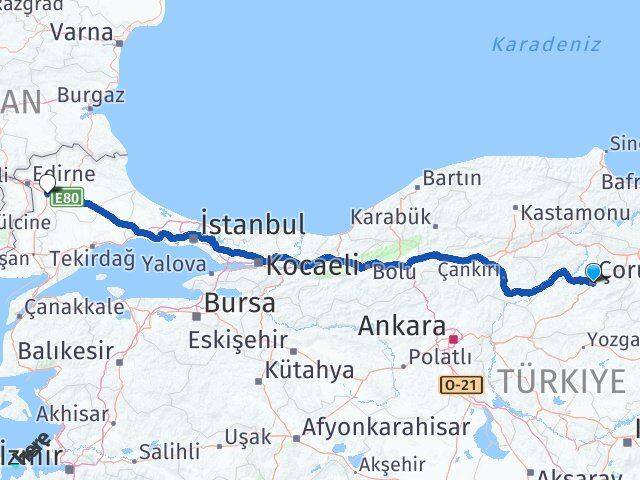 Çorum Havsa Edirne Arası Kaç Km - Yol Haritası
