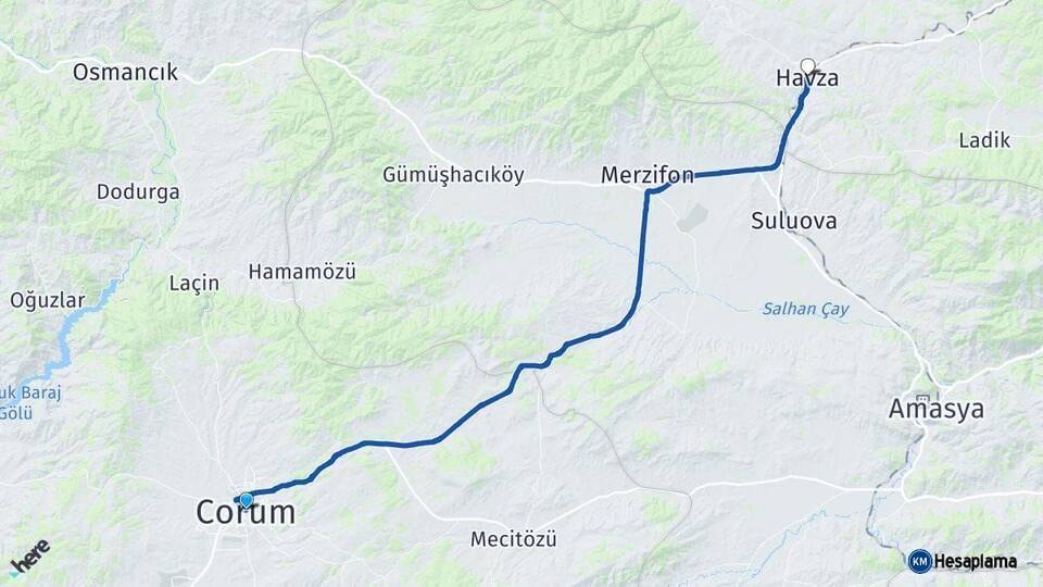 Çorum Havza Samsun Arası Kaç Km - Yol Haritası