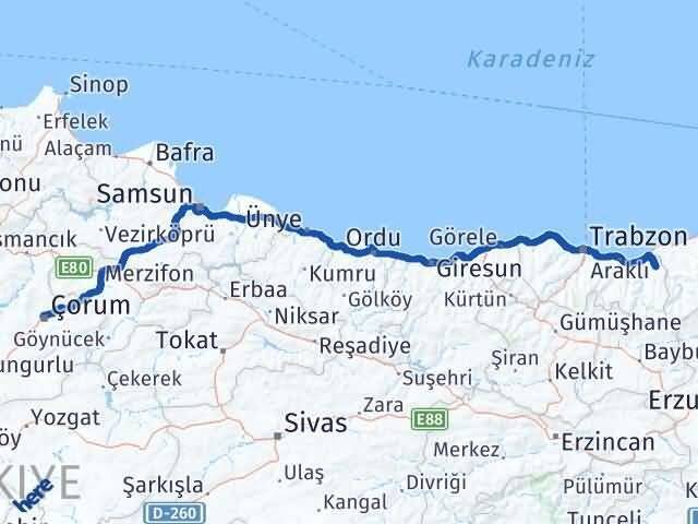 Çorum Hayrat Arası Kaç Km - Yol Tarifi