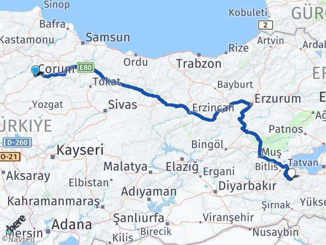 Çorum Hizan Bitlis Arası Kaç Km - Yol Haritası
