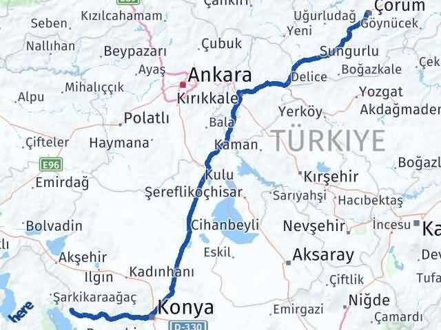 Çorum Hüyük Konya Arası Kaç Km - Yol Haritası