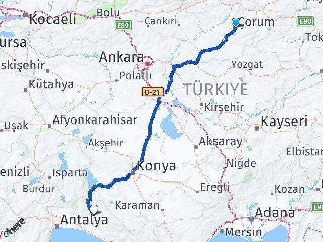 Çorum İbradı Antalya Arası Kaç Km - Yol Haritası