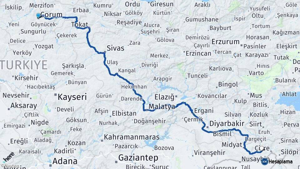 Çorum İdil Şırnak Arası Kaç Km - Yol Haritası