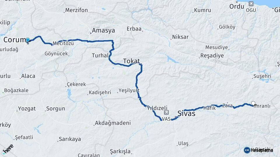 Çorum İmranlı Sivas Arası Kaç Km - Yol Haritası