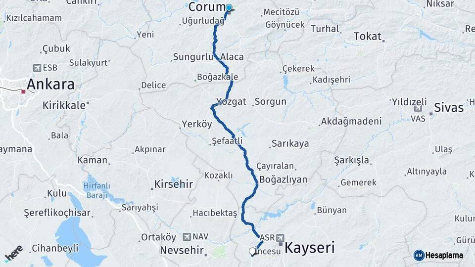 Çorum İncesu Kayseri Arası Kaç Km - Yol Haritası