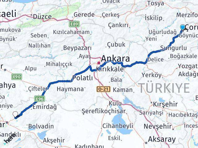 Çorum İscehisar Afyonkarahisar Arası Kaç Km - Yol Haritası