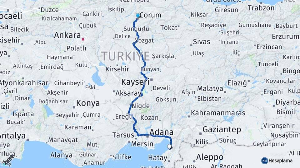 Çorum İskenderun Hatay Arası Kaç Km - Yol Haritası