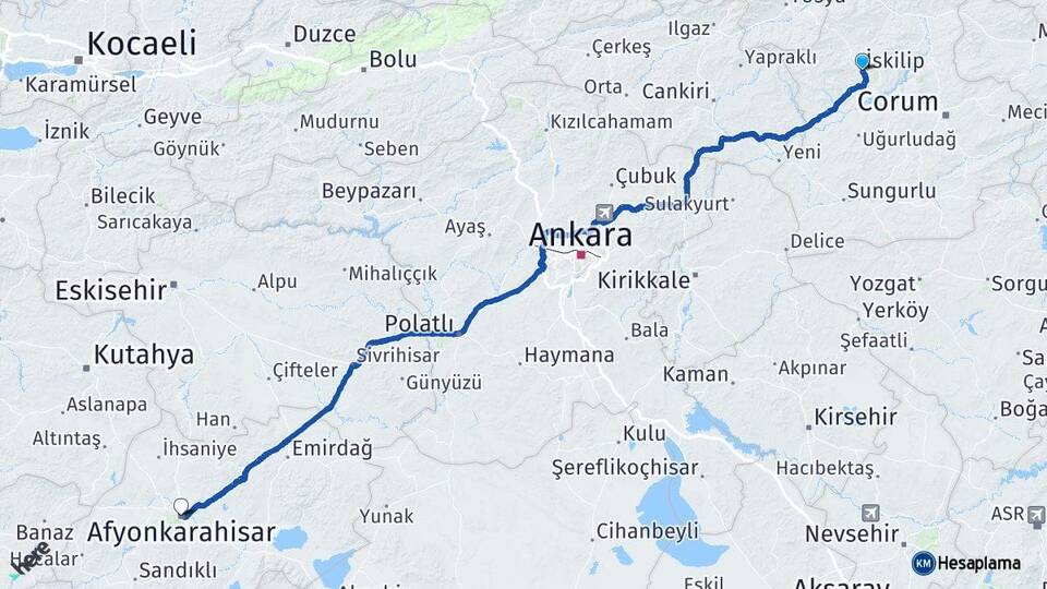 Çorum İskilip Afyonkarahisar Arası Kaç Km - Yol Haritası