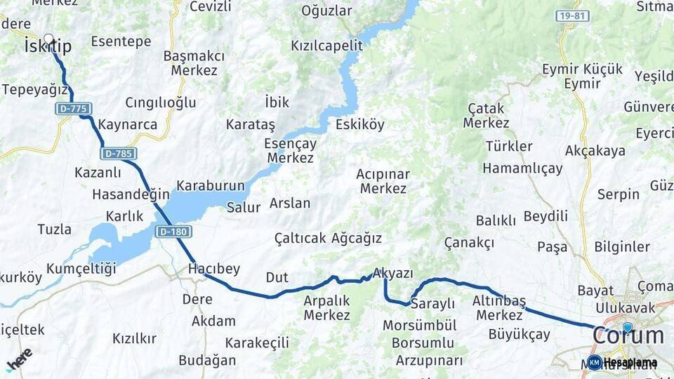 Çorum İskilip Arası Kaç Km - Yol Haritası