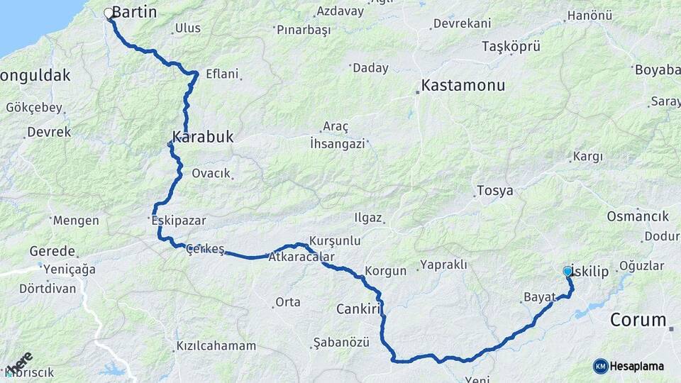 Çorum İskilip Bartın Arası Kaç Km - Yol Haritası