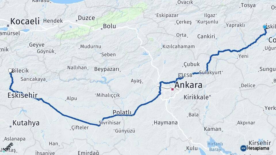 Çorum İskilip Bilecik Arası Kaç Km - Yol Haritası