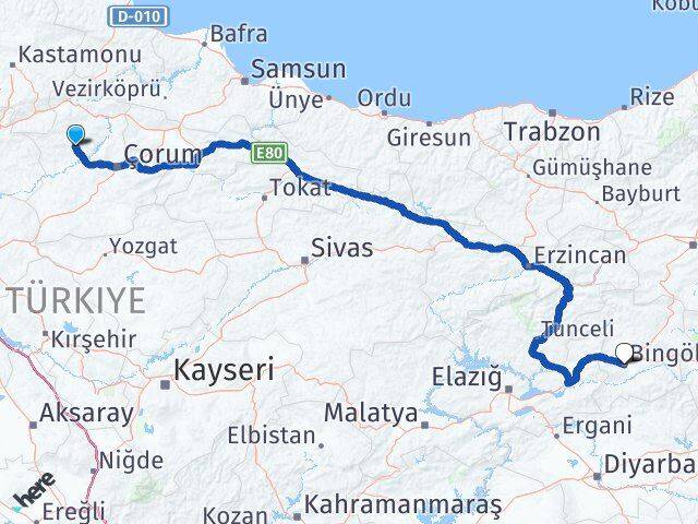 Çorum İskilip Bingöl Arası Kaç Km - Yol Haritası