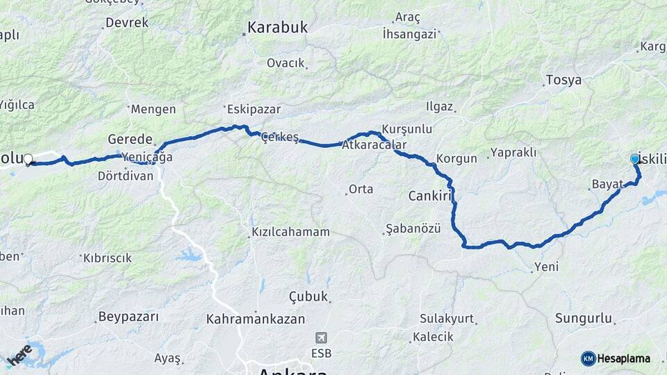Çorum İskilip Bolu Arası Kaç Km - Yol Haritası