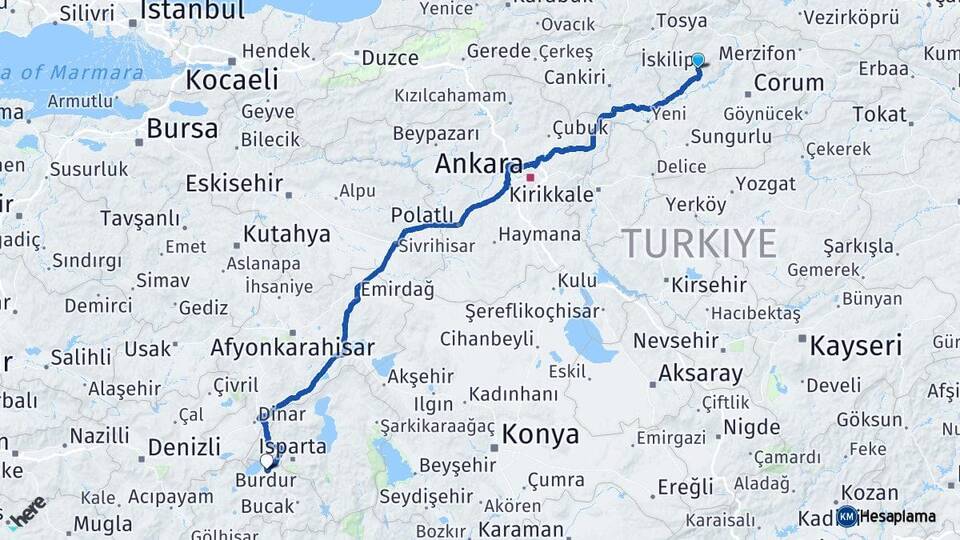 Çorum İskilip Burdur Arası Kaç Km - Yol Haritası