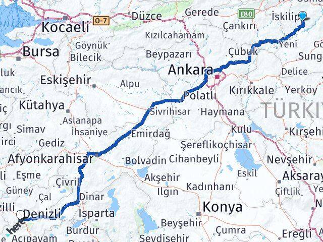 Çorum İskilip Denizli Arası Kaç Km - Yol Haritası