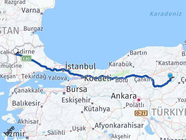 Çorum İskilip Edirne Arası Kaç Km - Yol Haritası
