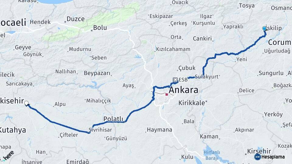 Çorum İskilip Eskişehir Arası Kaç Km - Yol Haritası
