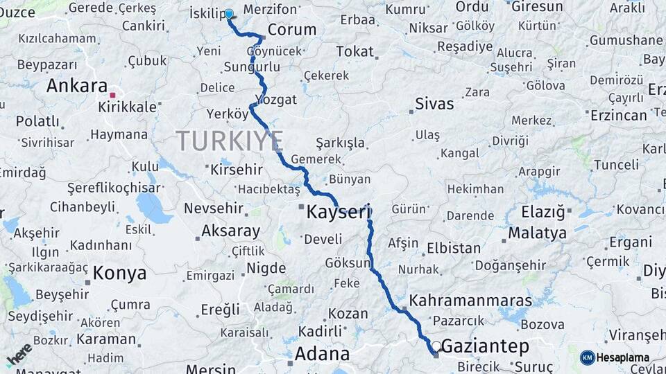 Çorum İskilip Gaziantep Arası Kaç Km - Yol Haritası