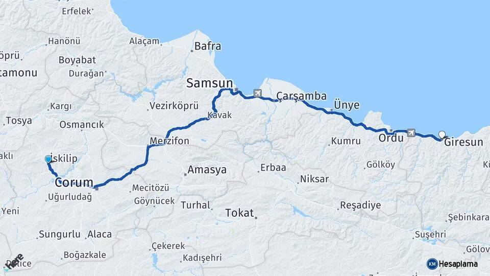 Çorum İskilip Giresun Arası Kaç Km - Yol Haritası
