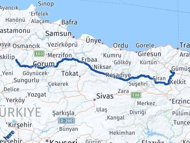 Çorum İskilip Gümüşhane Arası Kaç Km - Yol Haritası