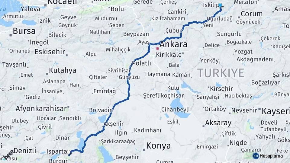 Çorum İskilip Isparta Arası Kaç Km - Yol Haritası