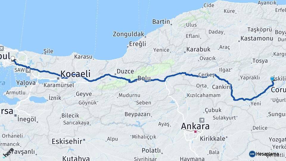 Çorum İskilip İstanbul Arası Kaç Km - Yol Haritası