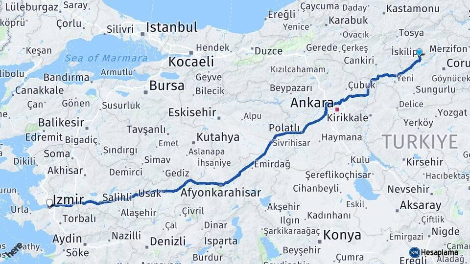 Çorum İskilip İzmir Arası Kaç Km - Yol Haritası