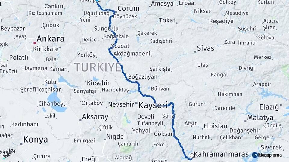 Çorum İskilip Kahramanmaraş Arası Kaç Km - Yol Haritası