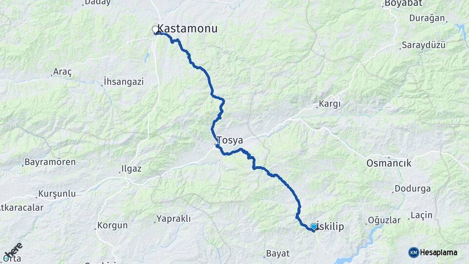 Çorum İskilip Kastamonu Arası Kaç Km - Yol Haritası