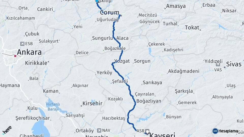 Çorum İskilip Kayseri Arası Kaç Km - Yol Haritası