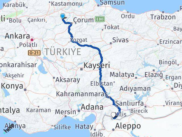 Çorum İskilip Kilis Arası Kaç Km - Yol Haritası