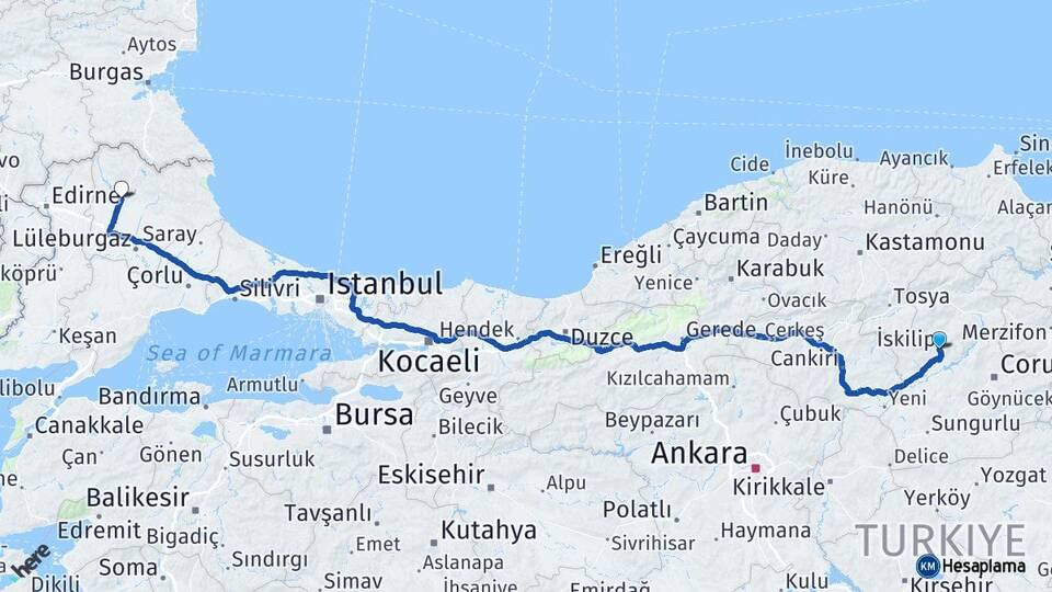 Çorum İskilip Kırklareli Arası Kaç Km - Yol Haritası