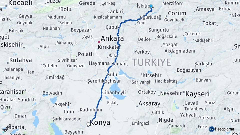 Çorum İskilip Konya Arası Kaç Km - Yol Haritası