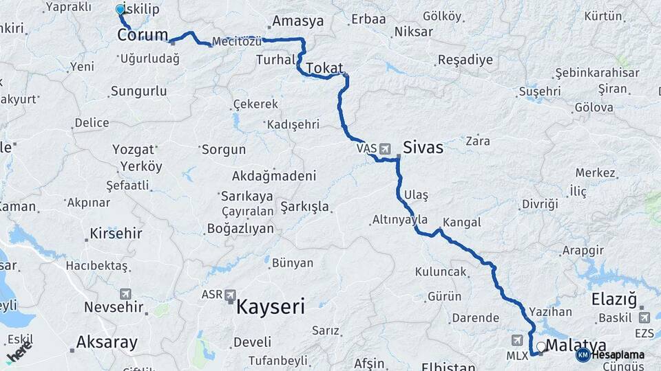 Çorum İskilip Malatya Arası Kaç Km - Yol Haritası
