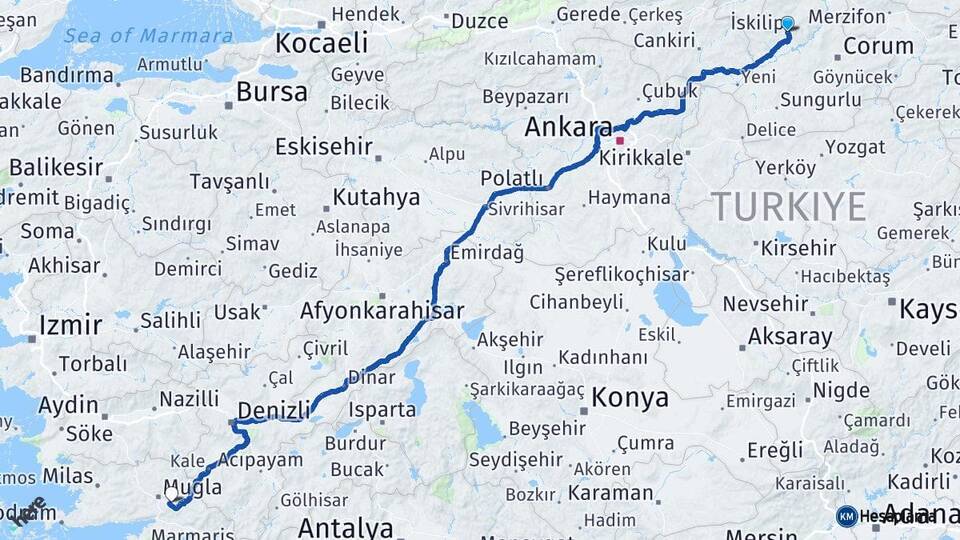 Çorum İskilip Muğla Arası Kaç Km - Yol Haritası