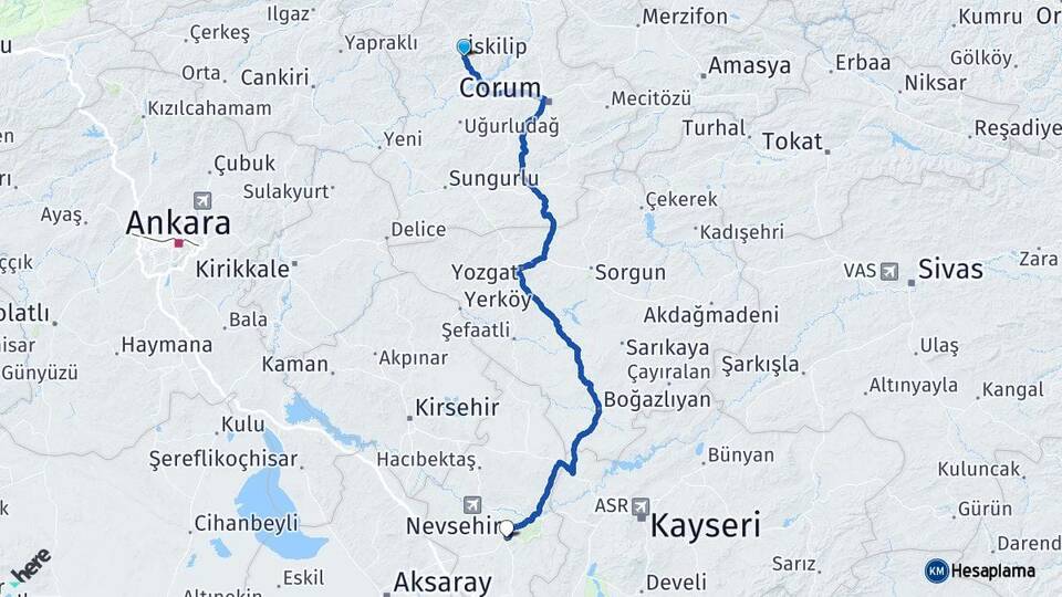 Çorum İskilip Nevşehir Arası Kaç Km - Yol Haritası