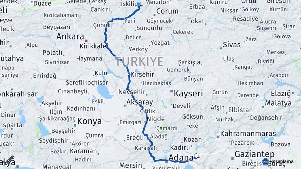 Çorum İskilip Osmaniye Arası Kaç Km - Yol Haritası