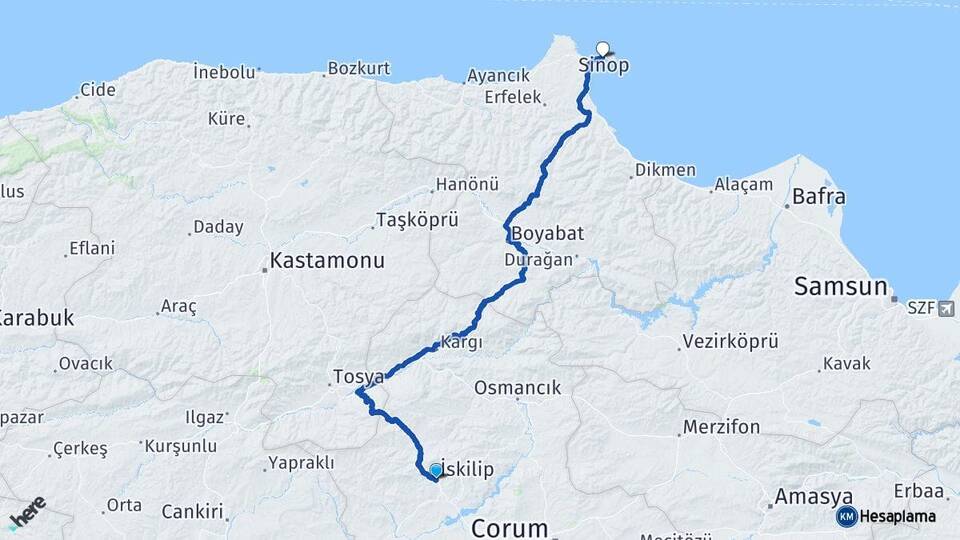 Çorum İskilip Sinop Arası Kaç Km - Yol Haritası