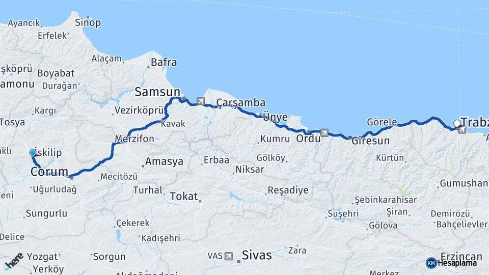 Çorum İskilip Trabzon Arası Kaç Km - Yol Haritası